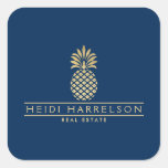 Elegant Golden Pineapple Logo on Navy Blue Square Sticker