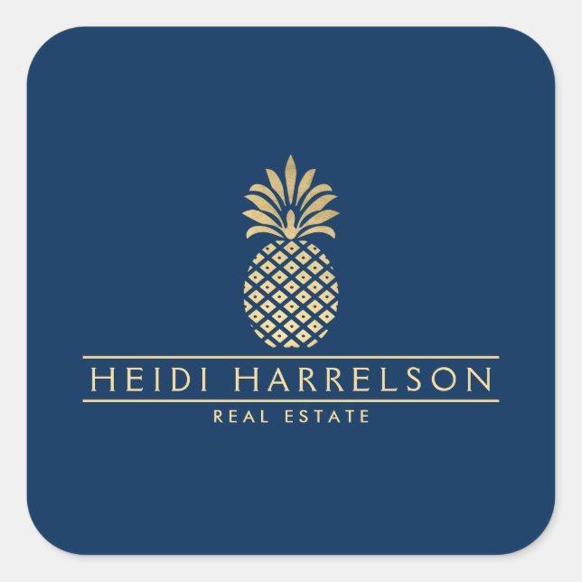 Elegant Golden Pineapple Logo on Navy Blue Square Sticker (Front)