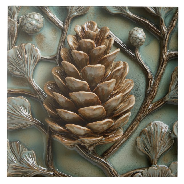 Elegant Golden Pinecone Faux Relief Ceramic Tile (Front)
