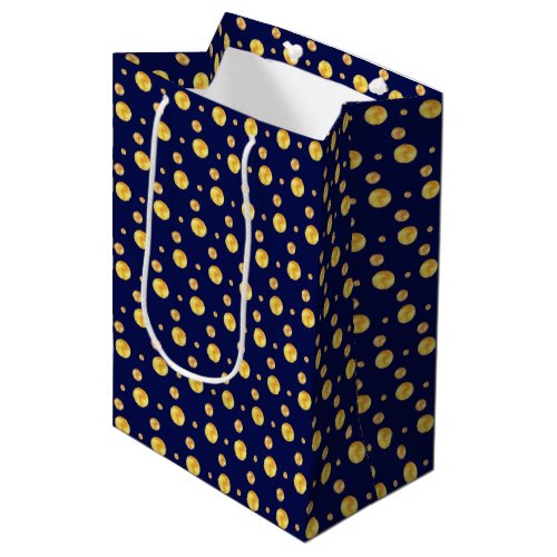 Elegant golden polka dots on navy blue medium gift bag