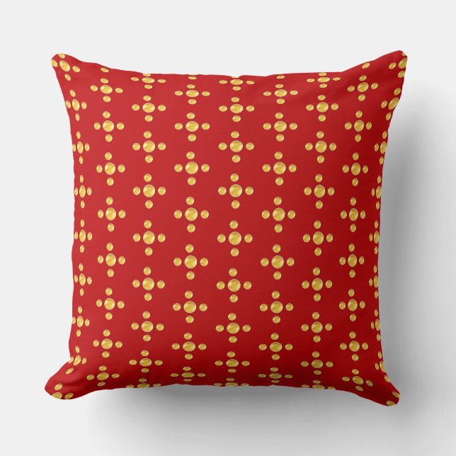Elegant golden polka dots on red throw pillow (Front)