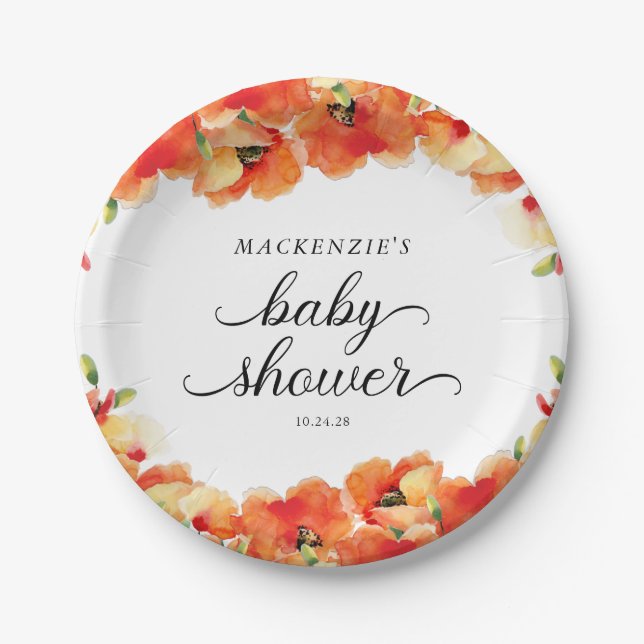 Elegant Golden Poppy Baby Shower Paper Plates (Front)