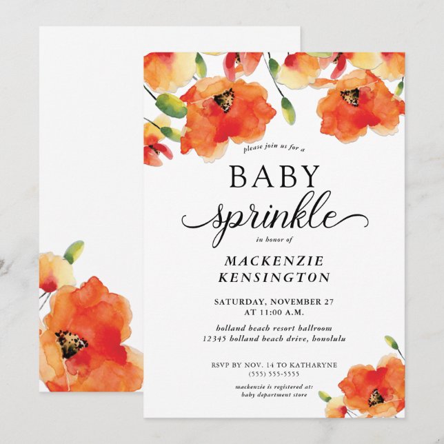 Elegant Golden Poppy Baby Sprinkle Shower Invitation (Front/Back)