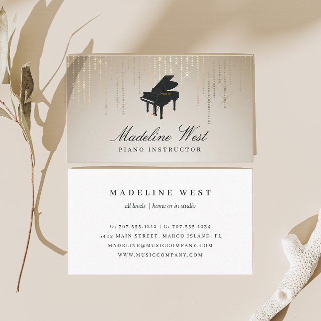 Elegant Golden Rain Piano Instructor Music Teacher Business Card (Creator Uploaded)