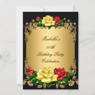 Elegant Golden Red Yellow Roses Birthday Party A Invitation