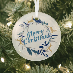 Elegant Golden Reindeer Floral Christmas Wreath Glass Ornament