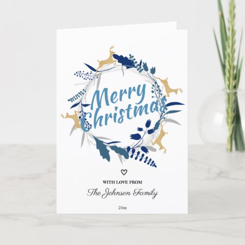 Elegant Golden Reindeer Floral Christmas Wreath  Holiday Card