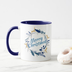 Elegant Golden Reindeer Floral Christmas Wreath Mug