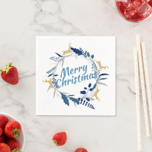 Elegant Golden Reindeer Floral Christmas Wreath Napkins