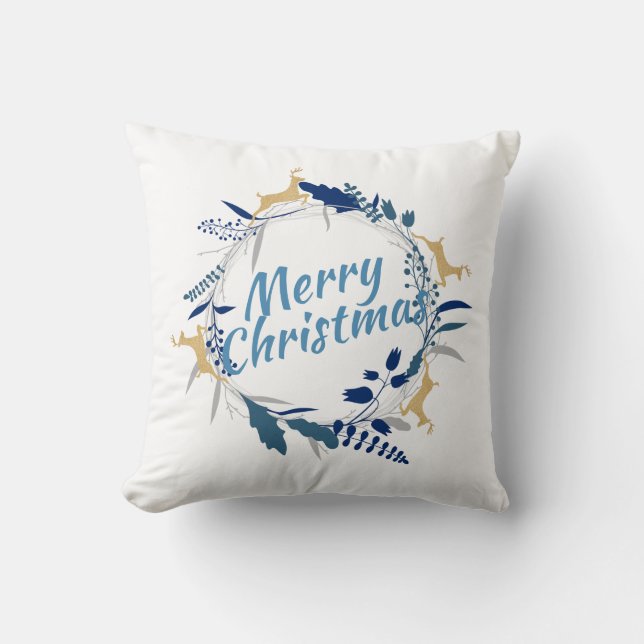 Elegant Golden Reindeer Floral Christmas Wreath Throw Pillow (Front)