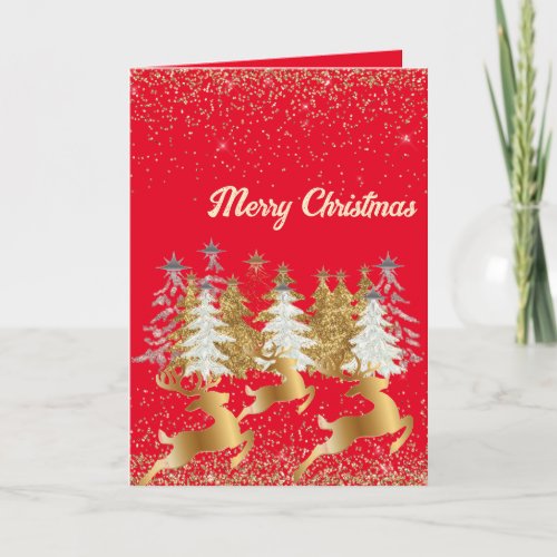 Elegant Golden Reindeers  Christmas Trees Red  Holiday Card