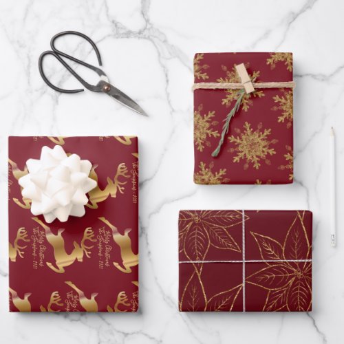 Elegant Golden Reindeers Snowflakes and Poinsettia Wrapping Paper Sheets