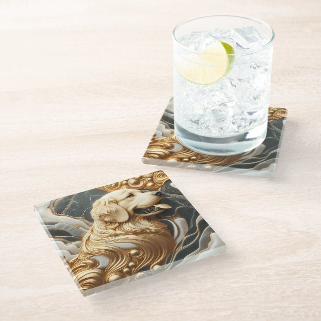 Elegant Golden Retriever Marble Vision Glass Coaster (Angled)