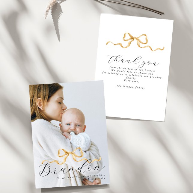Elegant Golden Ribbon Photo Baby Shower Thank You (Creator Uploaded)