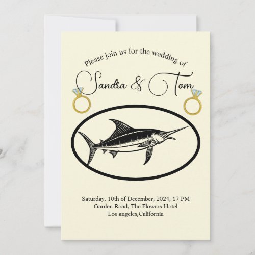 Elegant golden rings and marline fish wedding invitation