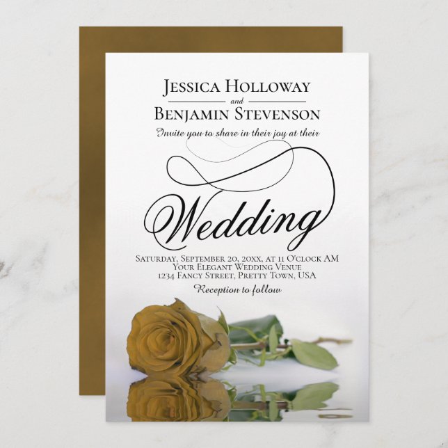 Elegant Golden Rose Classy Script Wedding Invitation (Front/Back)