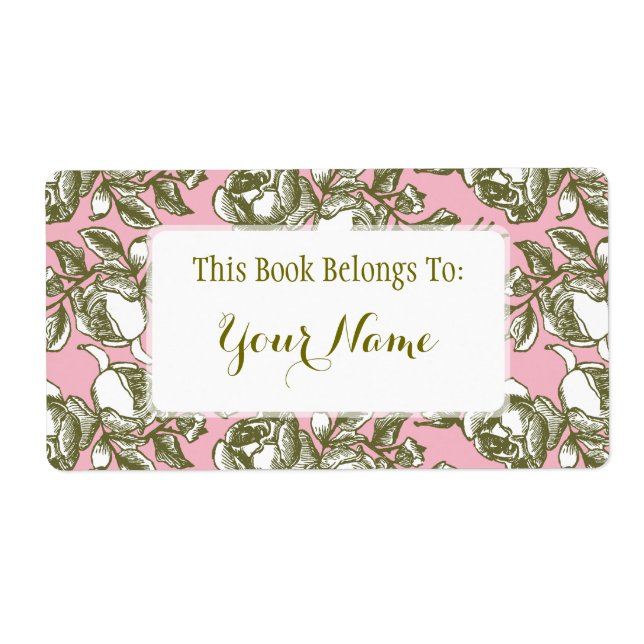 Elegant Golden Rose Etching on Pink Bookpate Label (Front)