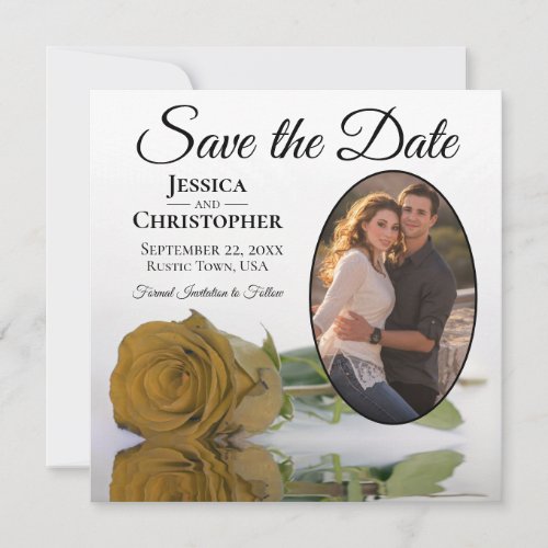 Elegant Golden Rose on White Oval Photo Wedding Save The Date