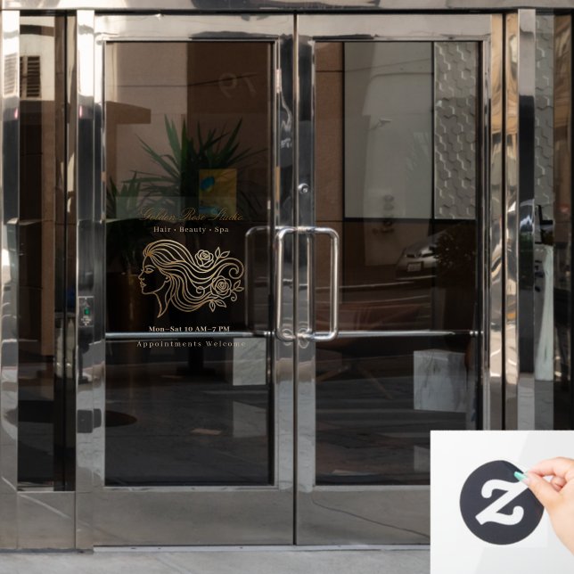 Elegant Golden Rose Personalized Beauty Studio Window Cling (Office Door)