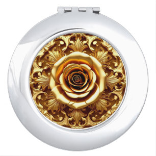 Elegant Golden Rose with Ornate Decorative Frame Compact Mirror
