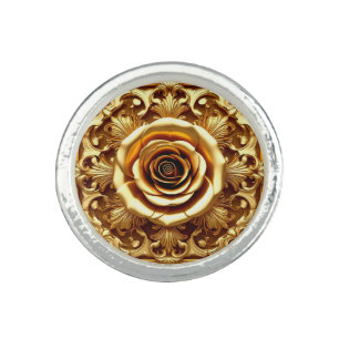 Elegant Golden Rose with Ornate Decorative Frame Ring