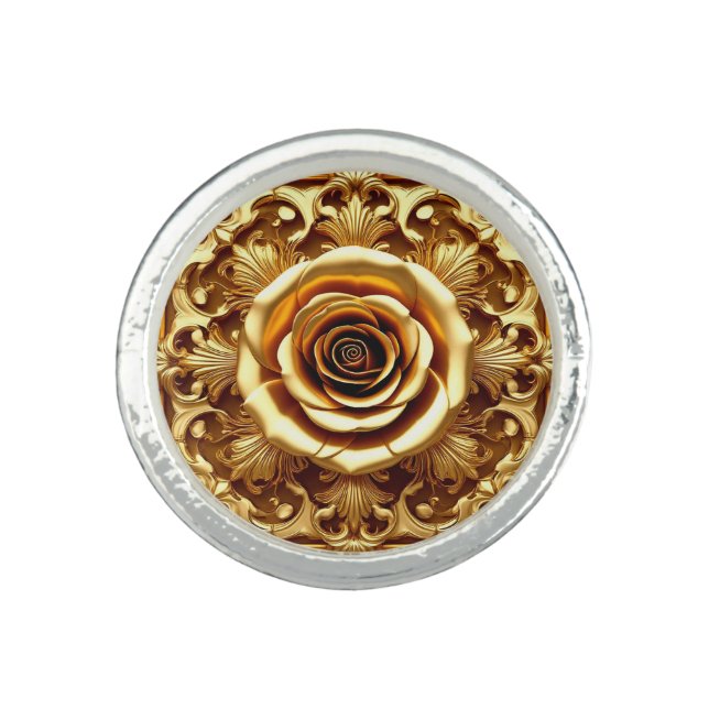 Elegant Golden Rose with Ornate Decorative Frame Ring (Front)
