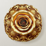 Elegant Golden Rose with Ornate Decorative Frame Round Pillow