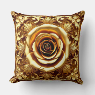 Elegant Golden Rose with Ornate Decorative Frame Throw Pillow