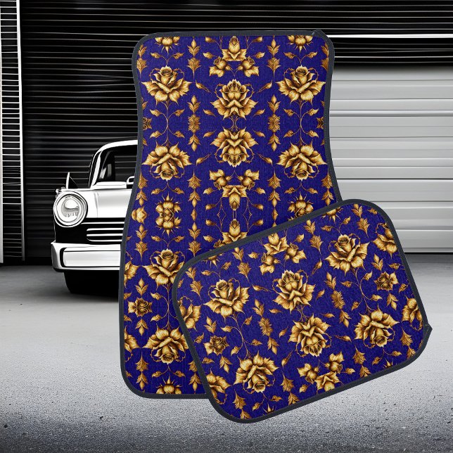Elegant golden roses on royal blue car floor mat (Creator Uploaded)