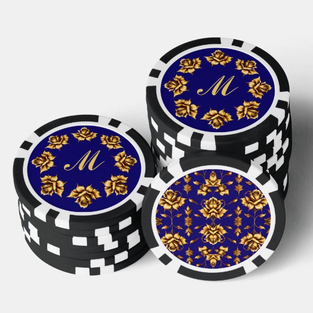 Elegant golden roses on royal blue, Monogram  Poker Chips (Stack)