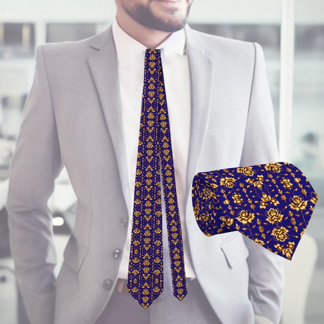 Elegant golden roses on royal blue neck tie (Creator Uploaded)