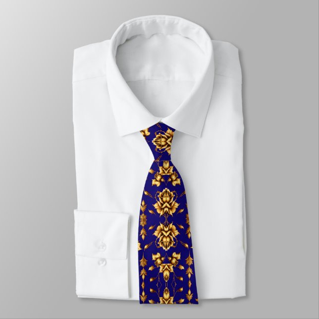 Elegant golden roses on royal blue neck tie (Tied)