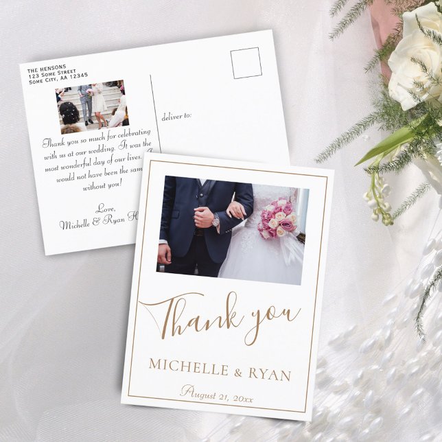 Elegant Golden Script Wedding 2 Photos Thank you Postcard (Creator Uploaded)