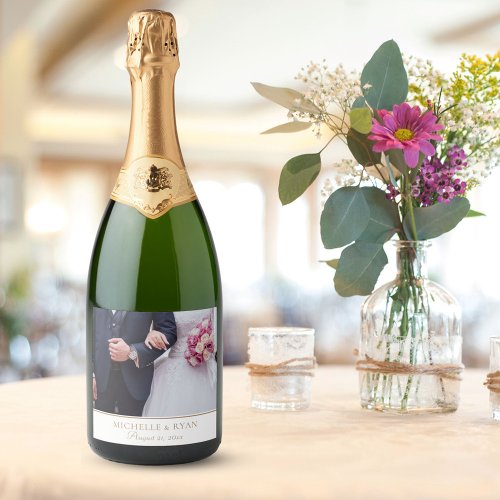 Elegant Golden Script Wedding Photo Sparkling Wine Label