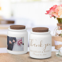 Elegant Golden Script Wedding Photo Thank you Candy Jar