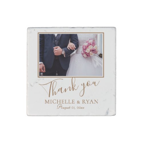 Elegant Golden Script Wedding Photo Thank you Stone Magnet