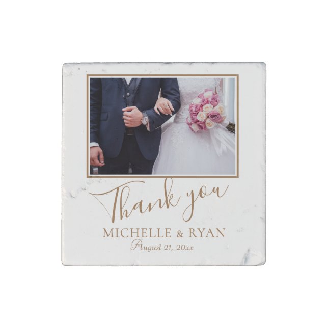 Elegant Golden Script Wedding Photo Thank you Stone Magnet (Front)