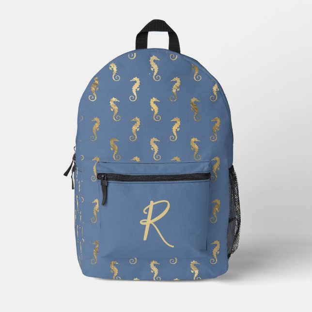 Elegant Golden Seahorses on Blue Personalized Printed Backpack (Front)