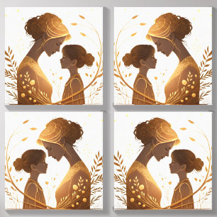 Elegant Golden Silhouette Mother & Daughter – Canvas Photo Tile