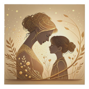 Elegant Golden Silhouette Mother & Daughter – Faux Canvas Print