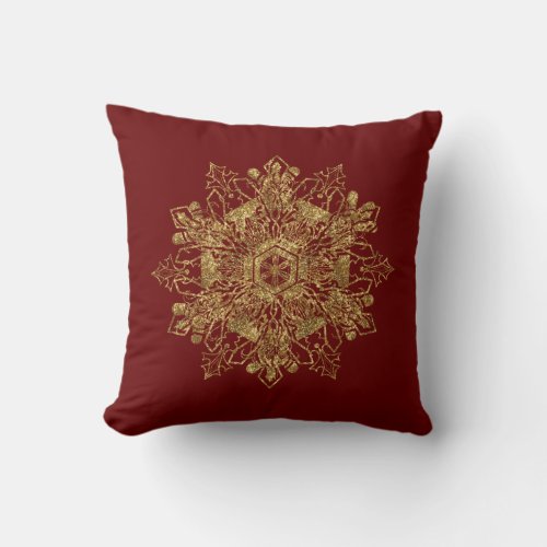 Elegant Golden Snow Flake Burgundy Throw Pillow