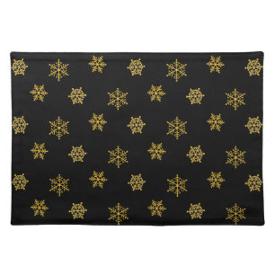 Elegant Golden Snowflake Pattern on Black Cloth Placemat