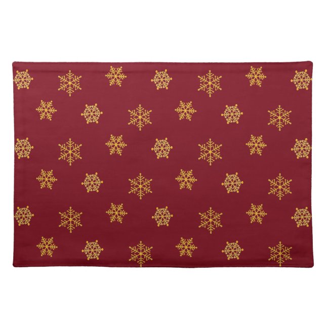 Elegant Golden Snowflake Pattern on Burgundy Cloth Placemat (Front)