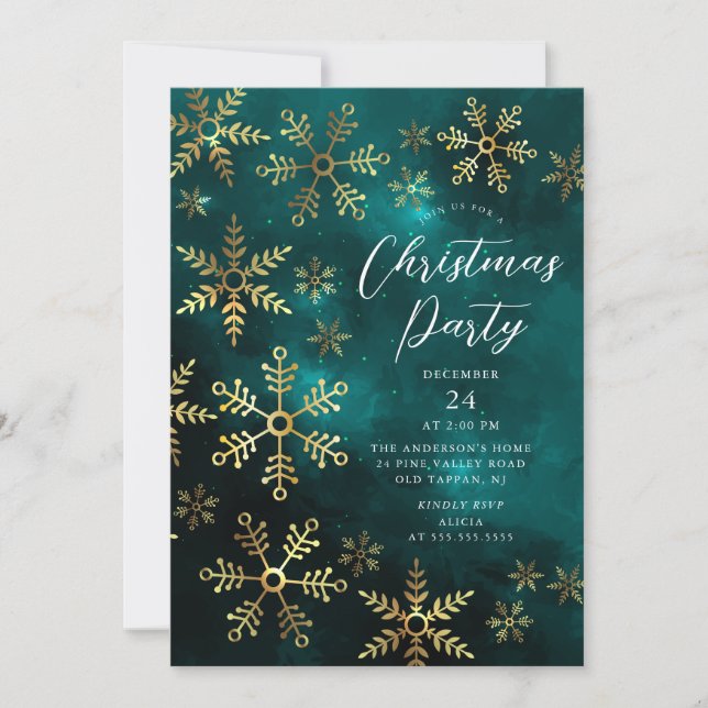 Elegant Golden Snowflakes Christmas Party Invitation (Front)