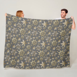 Elegant Golden Snowflakes Grey Christmas Fleece Blanket