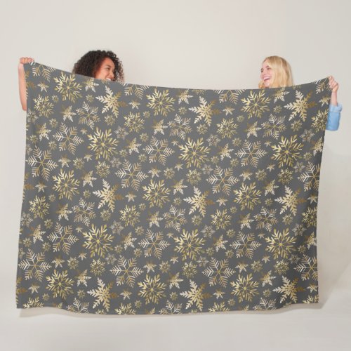 Elegant Golden Snowflakes Grey Christmas Fleece Blanket