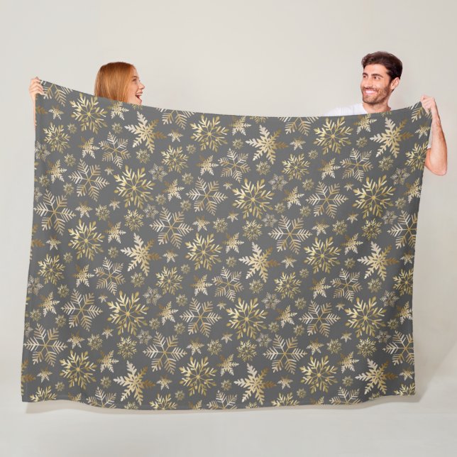 Elegant Golden Snowflakes Grey Christmas Fleece Blanket (In Situ)