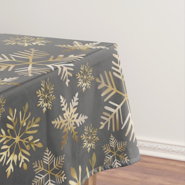 Elegant Golden Snowflakes Grey Christmas Tablecloth (In Situ)