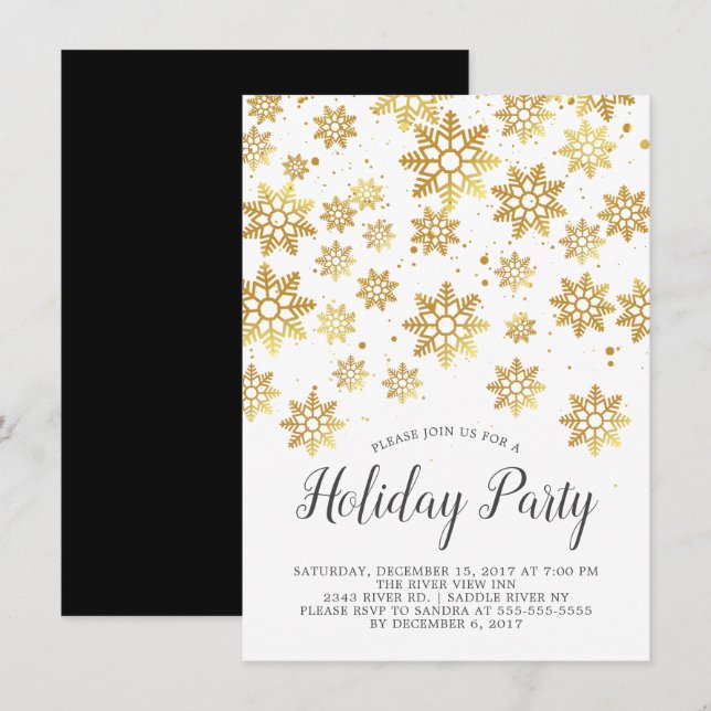 Elegant Golden Snowflakes Holiday Party Invitation (Front/Back)
