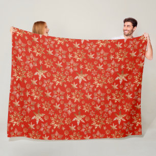 Elegant Golden Snowflakes Lava Red Christmas Fleece Blanket